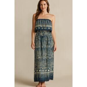 La Troupe Off The Shoulder Dress Side Slit Damask Floral Print Navy Cream Medium